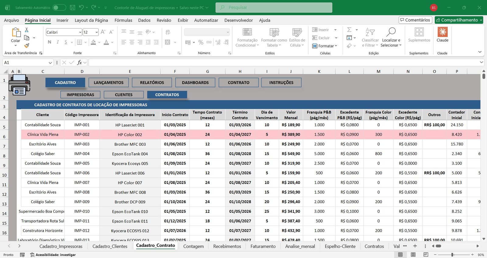 Planilha para Controle de Aluguel de Impressoras em Excel