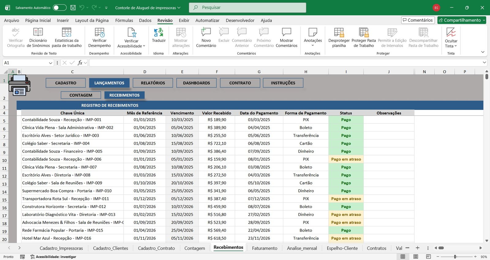 Planilha para Controle de Aluguel de Impressoras em Excel