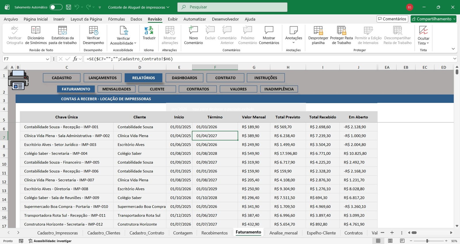 Planilha para Controle de Aluguel de Impressoras em Excel