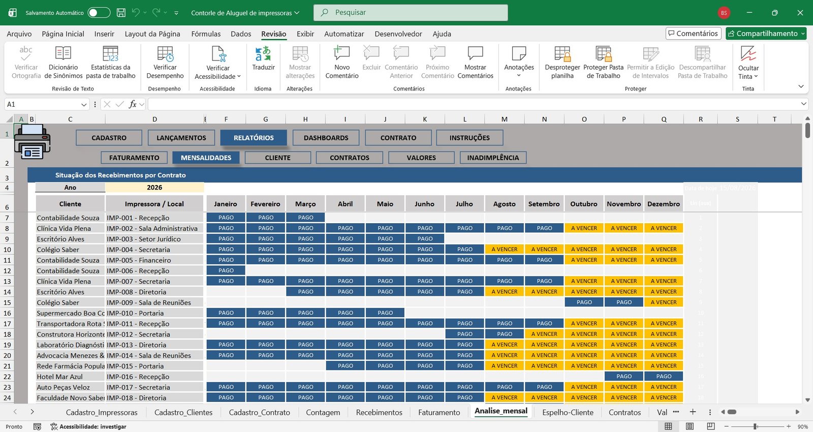 Planilha para Controle de Aluguel de Impressoras em Excel