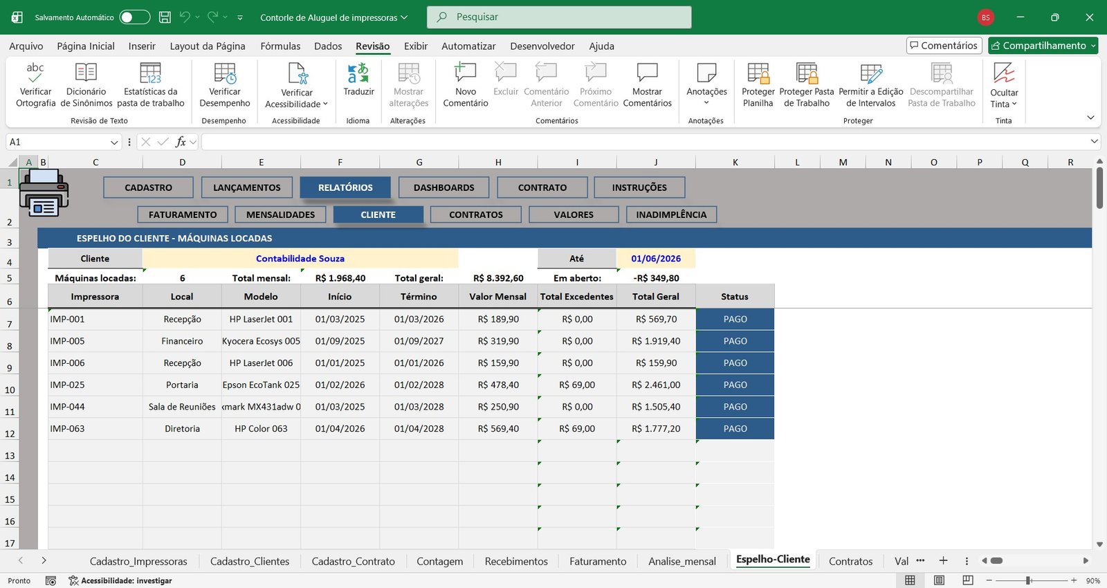 Planilha para Controle de Aluguel de Impressoras em Excel