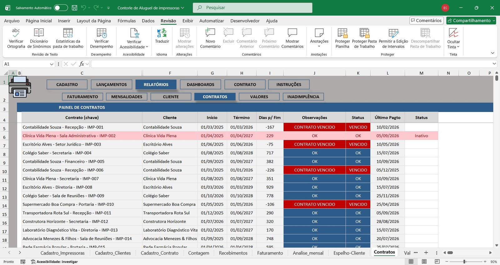 Planilha para Controle de Aluguel de Impressoras em Excel