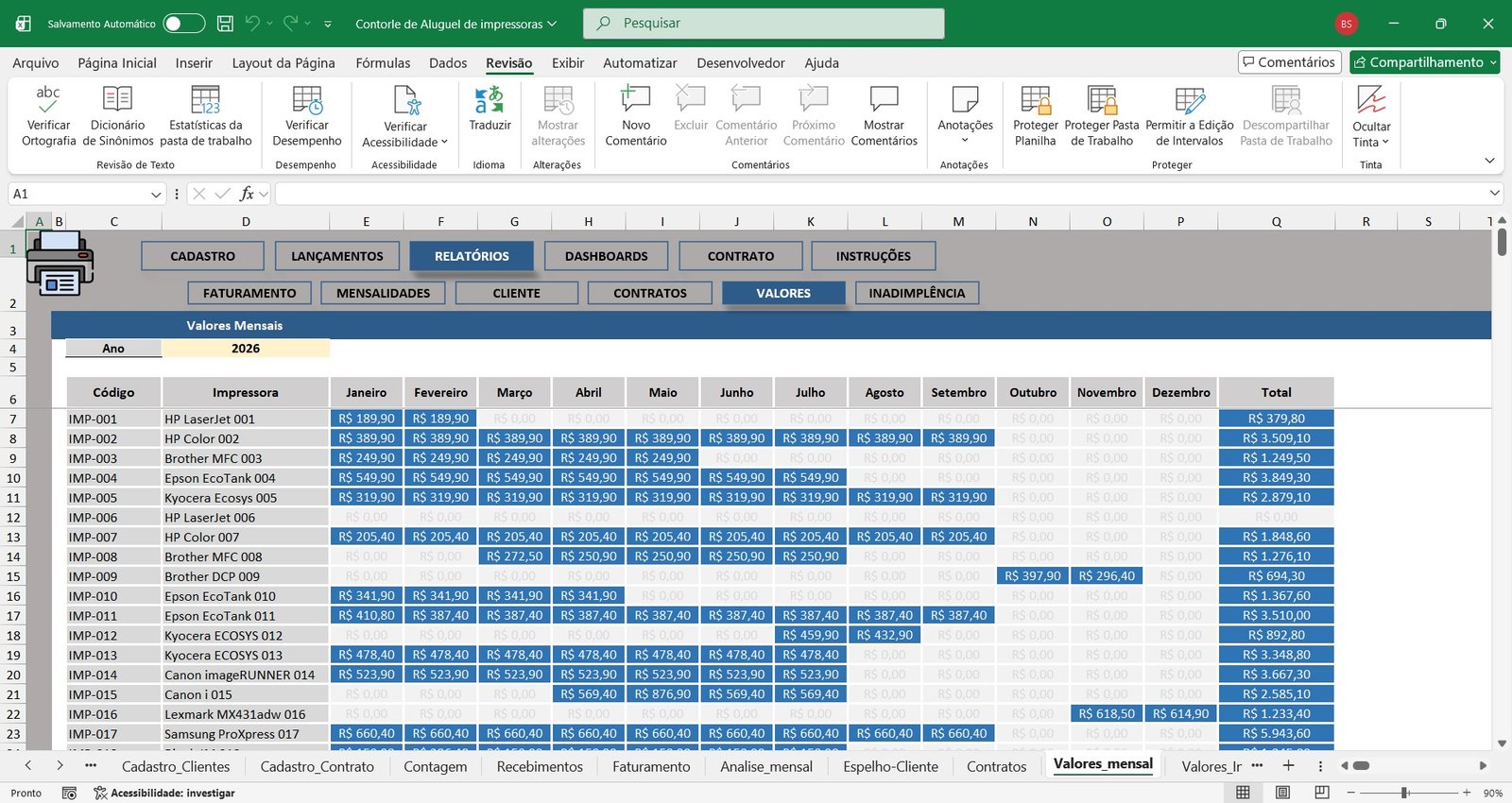 Planilha para Controle de Aluguel de Impressoras em Excel
