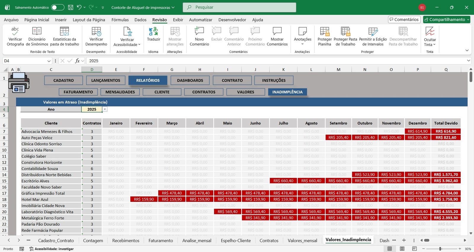 Planilha para Controle de Aluguel de Impressoras em Excel