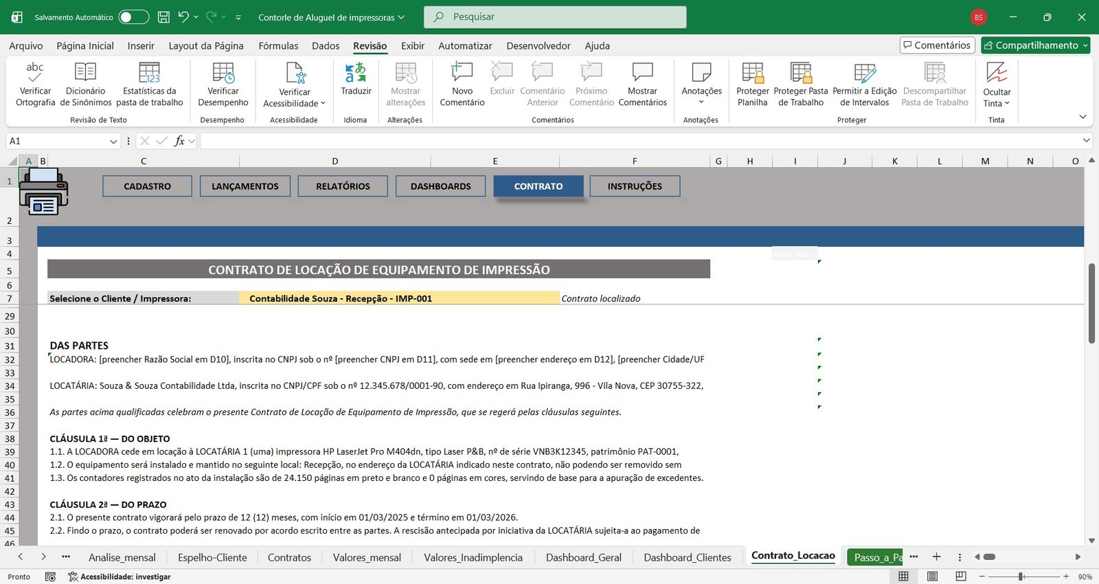 Planilha para Controle de Aluguel de Impressoras em Excel