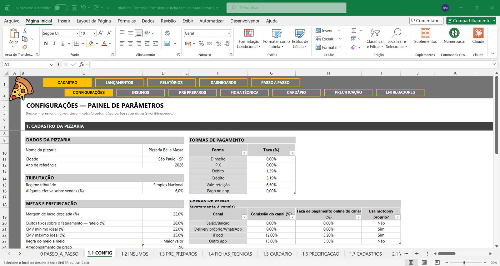 planilha de controle de pizzaria excel