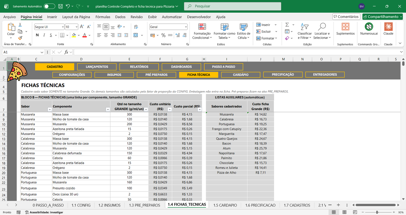 ficha técnica de pizza planilha