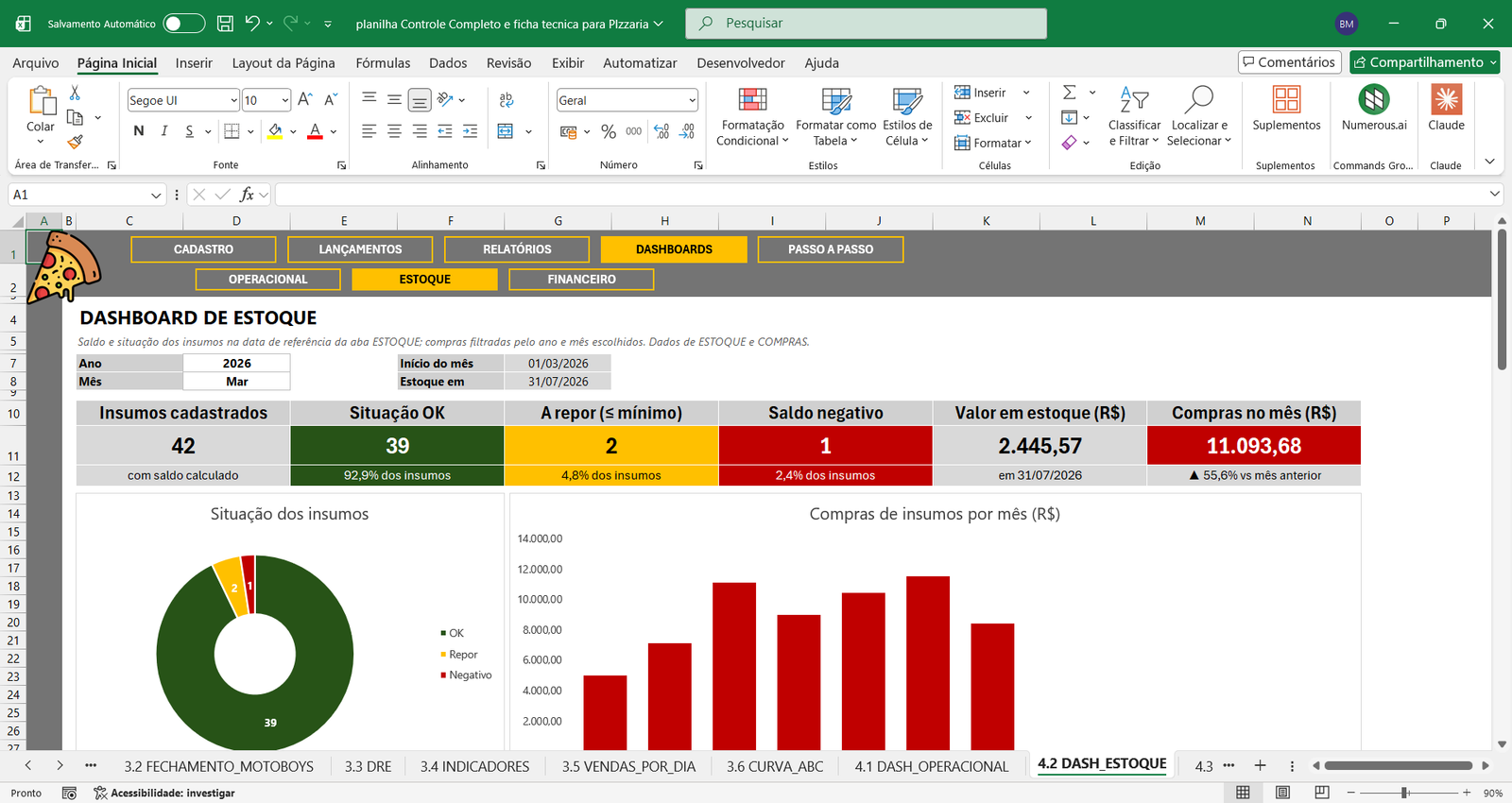 Planilha para Controle de Pizzaria com Ficha Técnica em Excel - Imagem 8