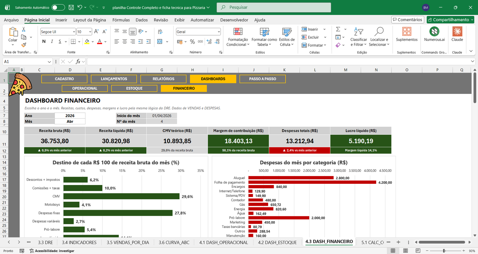 Planilha para Controle de Pizzaria com Ficha Técnica em Excel - Imagem 5