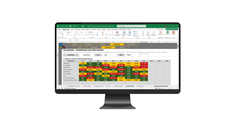 Planilha de gestão da qualidade em Excel aberta no monitor, mostrando o mapa de calor por área e indicador